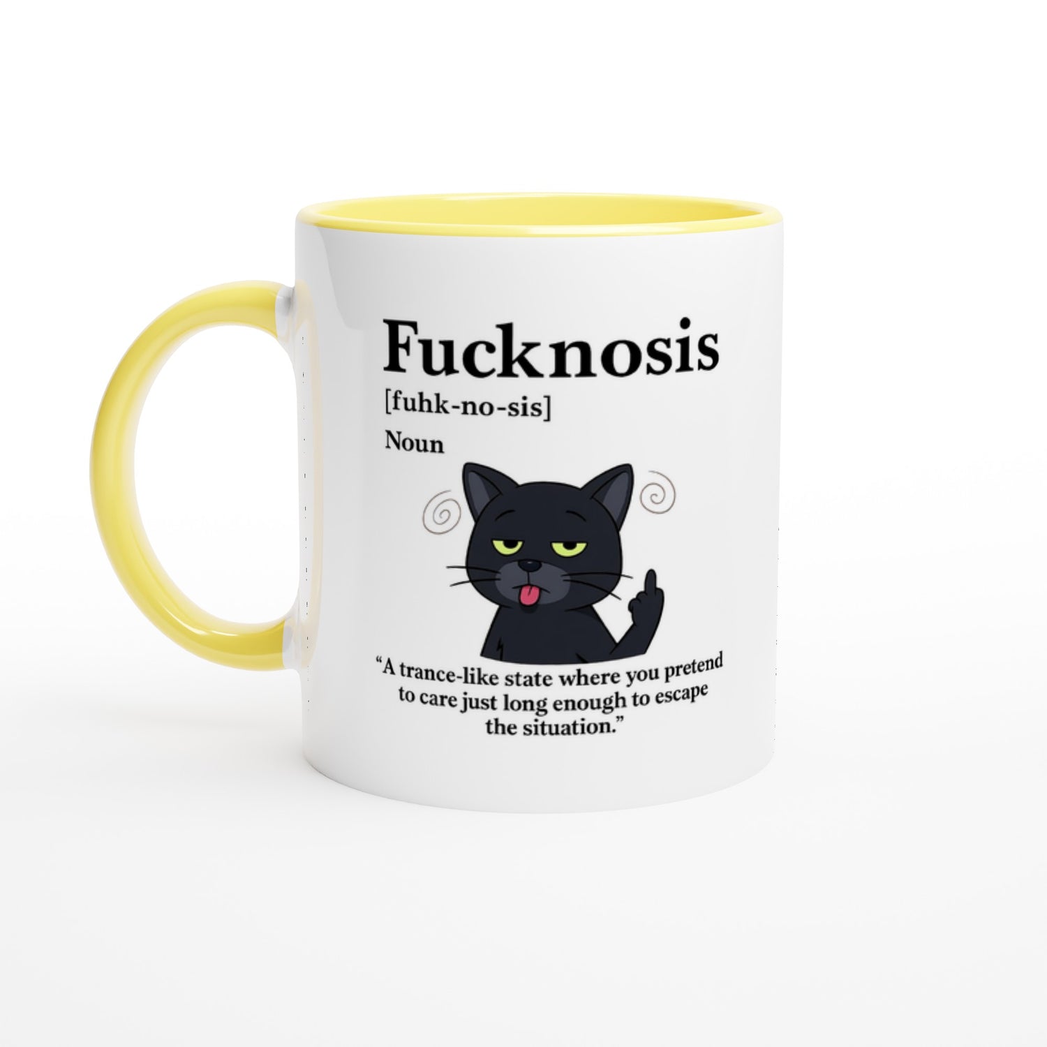Funny F*cknosis Mug – Sarcastic Definition Coffee Cup with Dog, Cat, Bear, or Horse Design – 11oz Ceramic Humor Gift Ceramic Yellow Black Cat