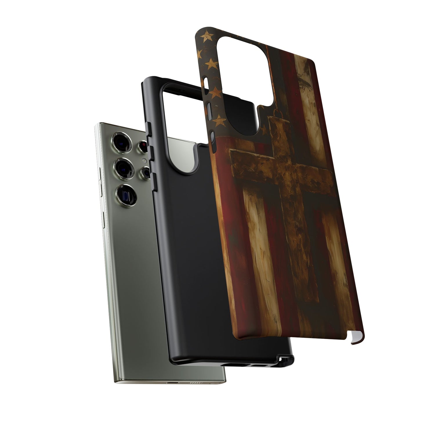 Forged in Faith Phone Case - Rustic Gold Cross &amp; American Flag | Patriotic Christian Case for iPhone, Samsung &amp; Pixel