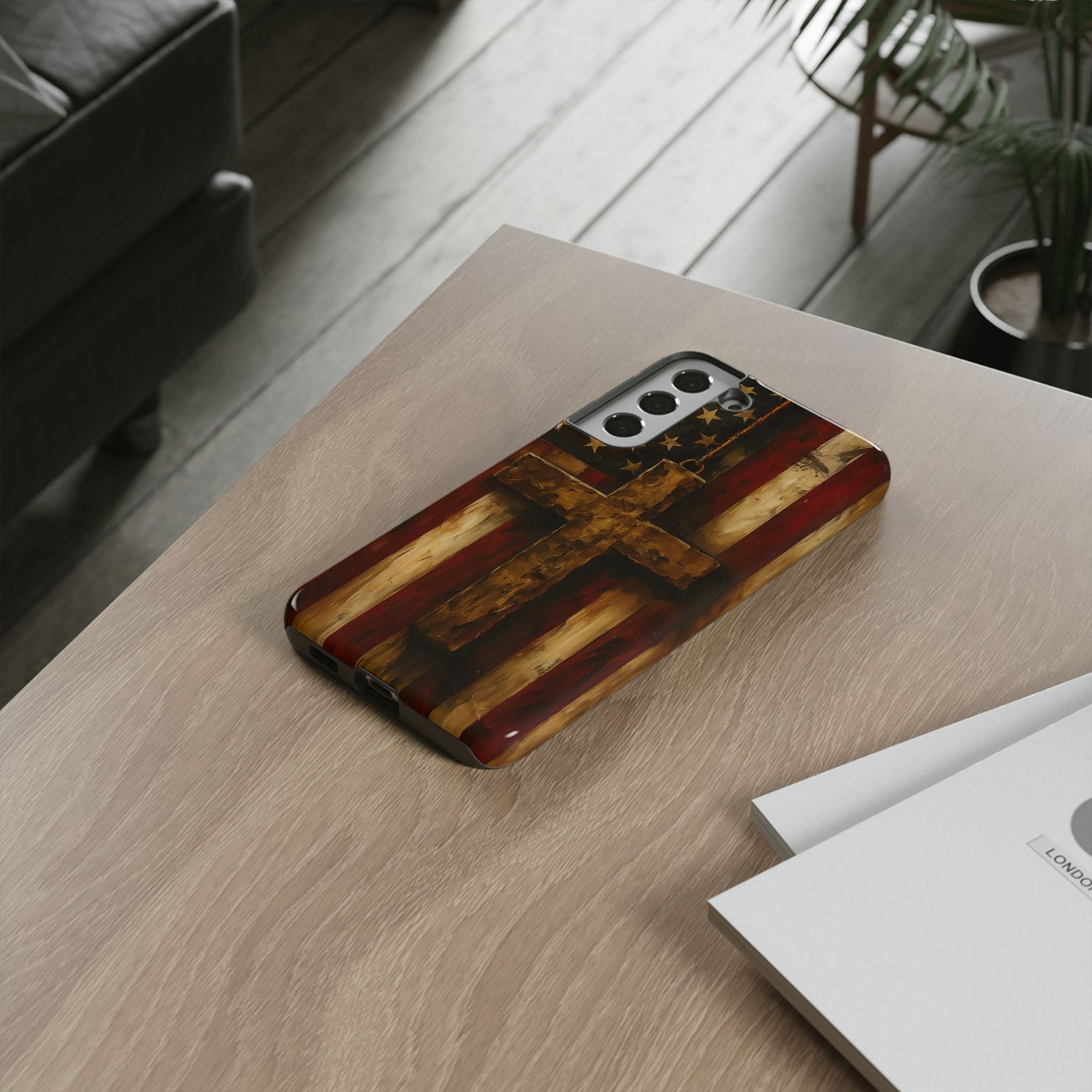 Forged in Faith Phone Case - Rustic Gold Cross &amp; American Flag | Patriotic Christian Case for iPhone, Samsung &amp; Pixel
