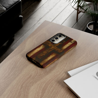 Forged in Faith Phone Case - Rustic Gold Cross &amp; American Flag | Patriotic Christian Case for iPhone, Samsung &amp; Pixel