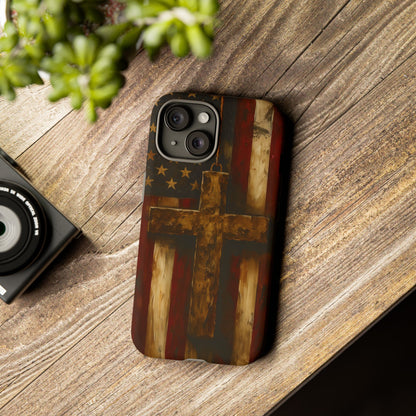 Forged in Faith Phone Case - Rustic Gold Cross &amp; American Flag | Patriotic Christian Case for iPhone, Samsung &amp; Pixel