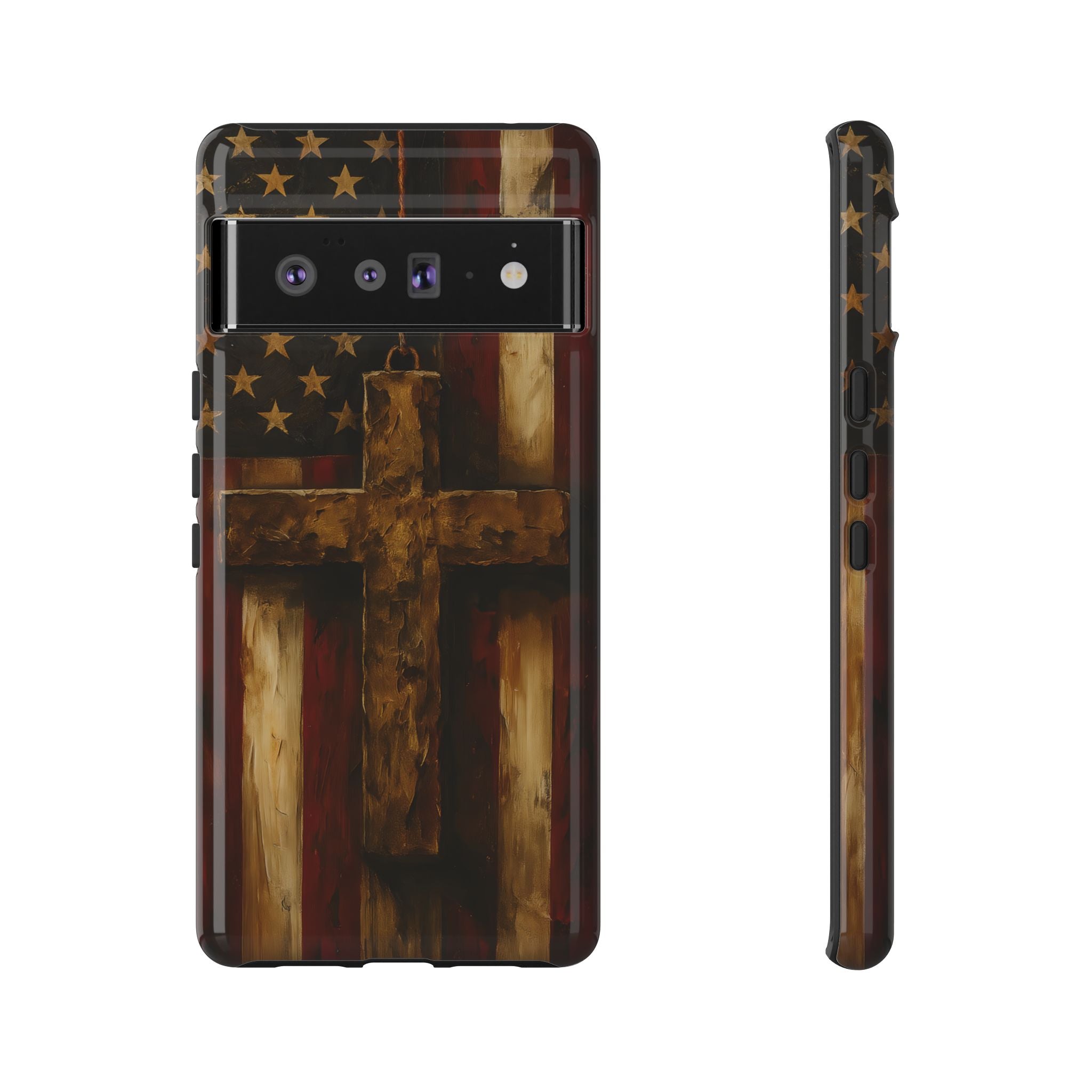 Forged in Faith Phone Case - Rustic Gold Cross &amp; American Flag | Patriotic Christian Case for iPhone, Samsung &amp; Pixel Google Pixel 6 Pro Glossy