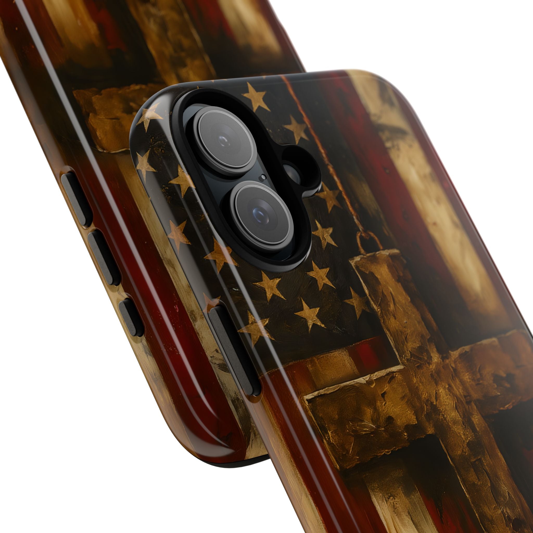 Forged in Faith Phone Case - Rustic Gold Cross &amp; American Flag | Patriotic Christian Case for iPhone, Samsung &amp; Pixel