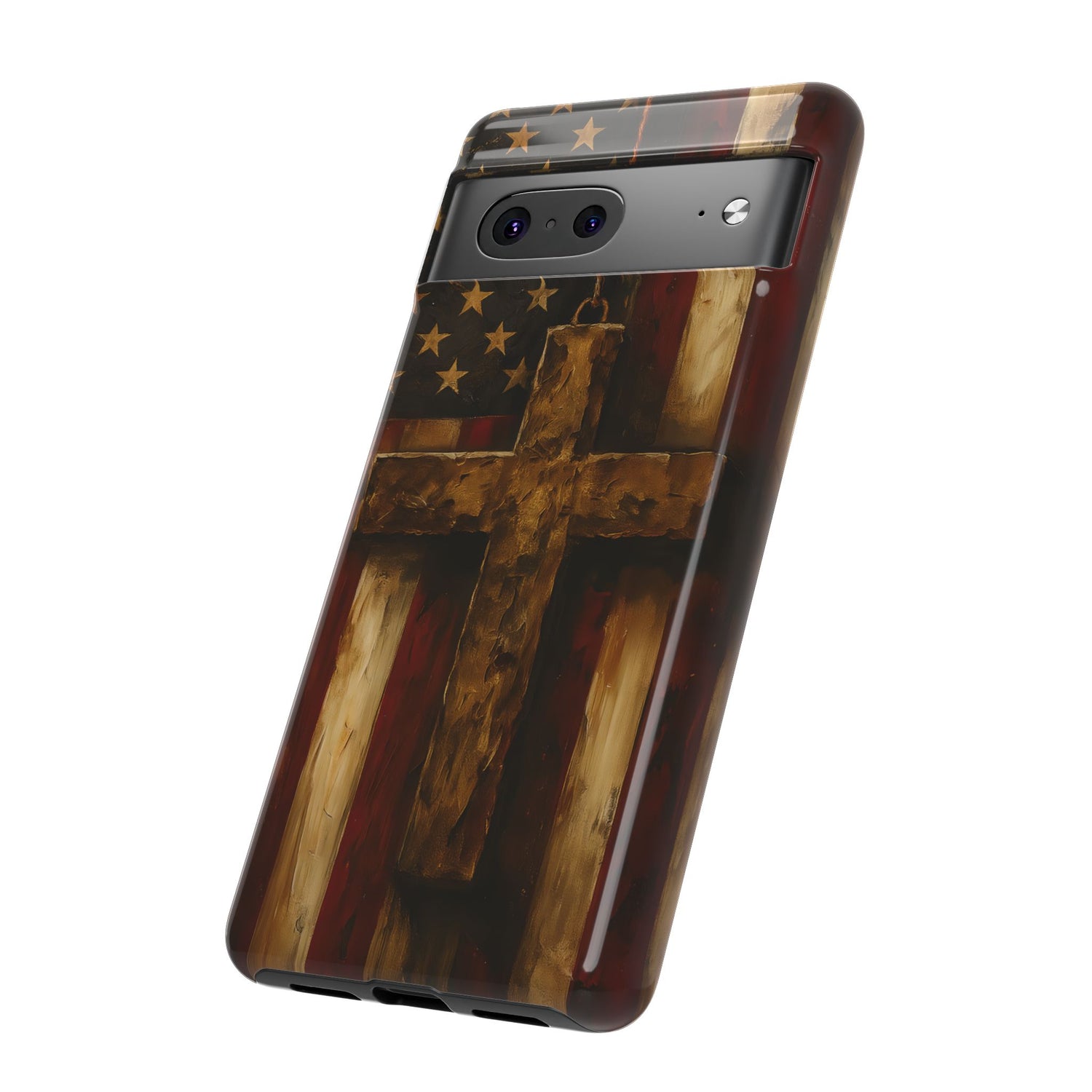 Forged in Faith Phone Case - Rustic Gold Cross &amp; American Flag | Patriotic Christian Case for iPhone, Samsung &amp; Pixel
