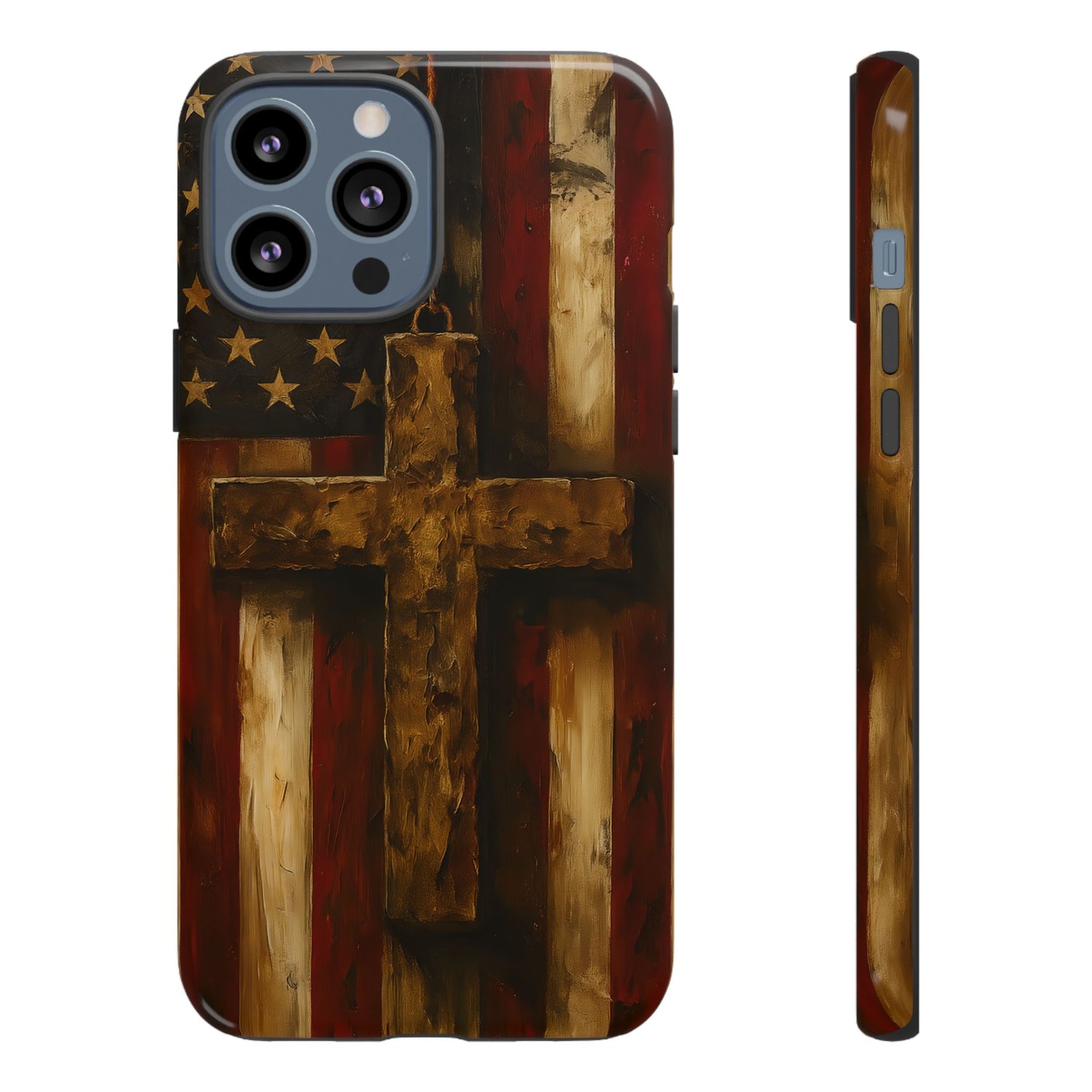 Forged in Faith Phone Case - Rustic Gold Cross &amp; American Flag | Patriotic Christian Case for iPhone, Samsung &amp; Pixel iPhone 13 Pro Max Glossy