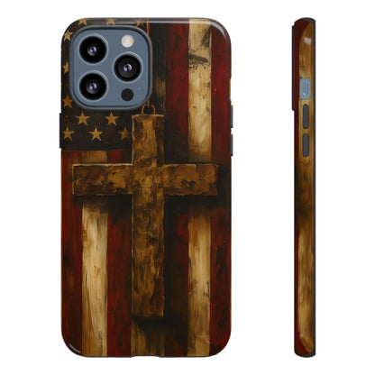 Forged in Faith Phone Case - Rustic Gold Cross &amp; American Flag | Patriotic Christian Case for iPhone, Samsung &amp; Pixel iPhone 13 Pro Max Glossy