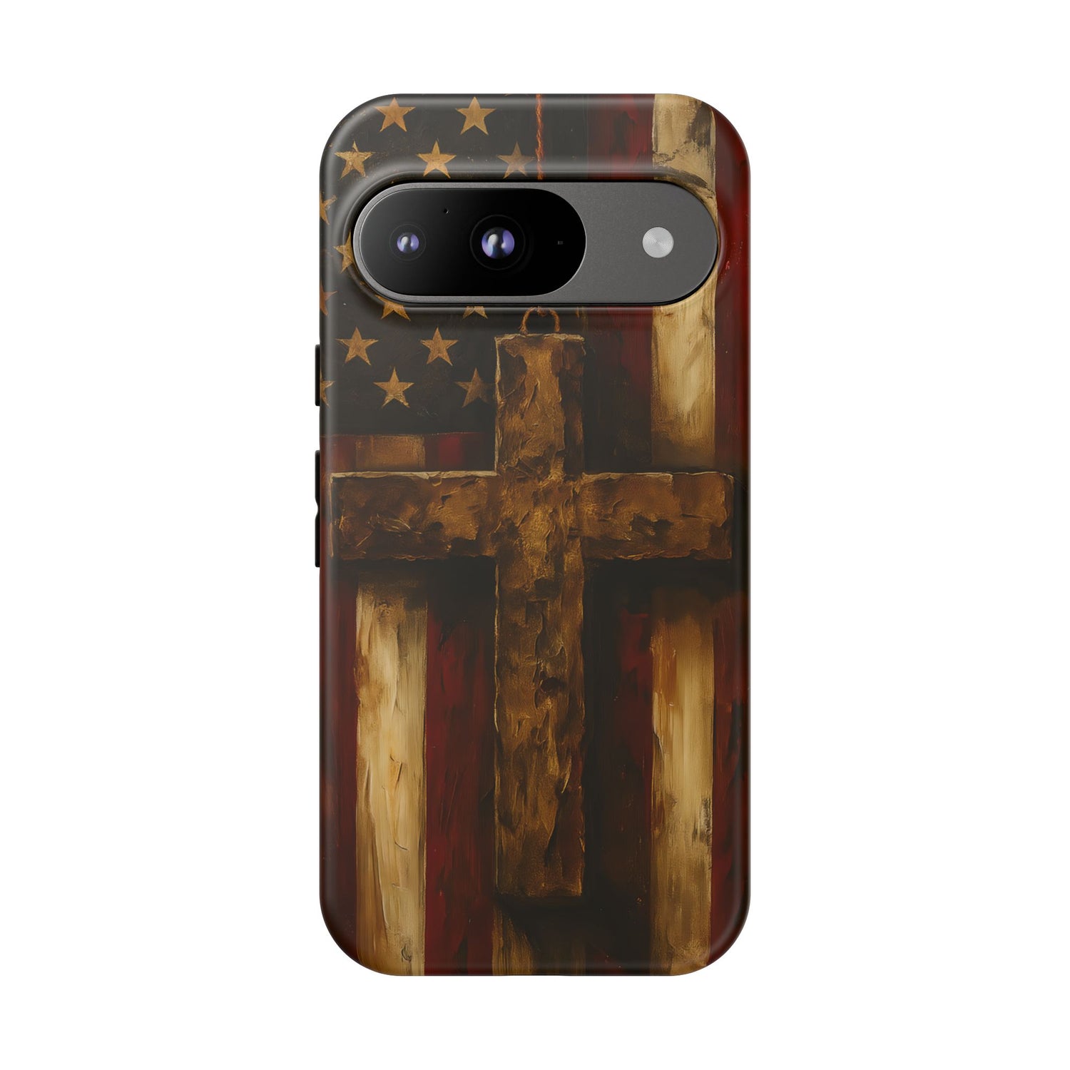 Forged in Faith Phone Case - Rustic Gold Cross &amp; American Flag | Patriotic Christian Case for iPhone, Samsung &amp; Pixel Google Pixel 9 Matte