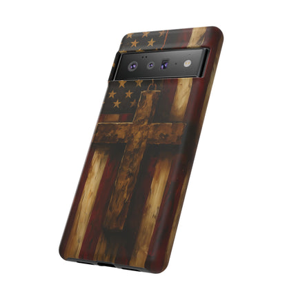 Forged in Faith Phone Case - Rustic Gold Cross &amp; American Flag | Patriotic Christian Case for iPhone, Samsung &amp; Pixel