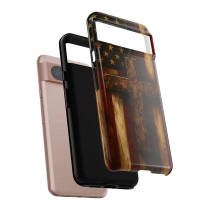 Forged in Faith Phone Case - Rustic Gold Cross &amp; American Flag | Patriotic Christian Case for iPhone, Samsung &amp; Pixel