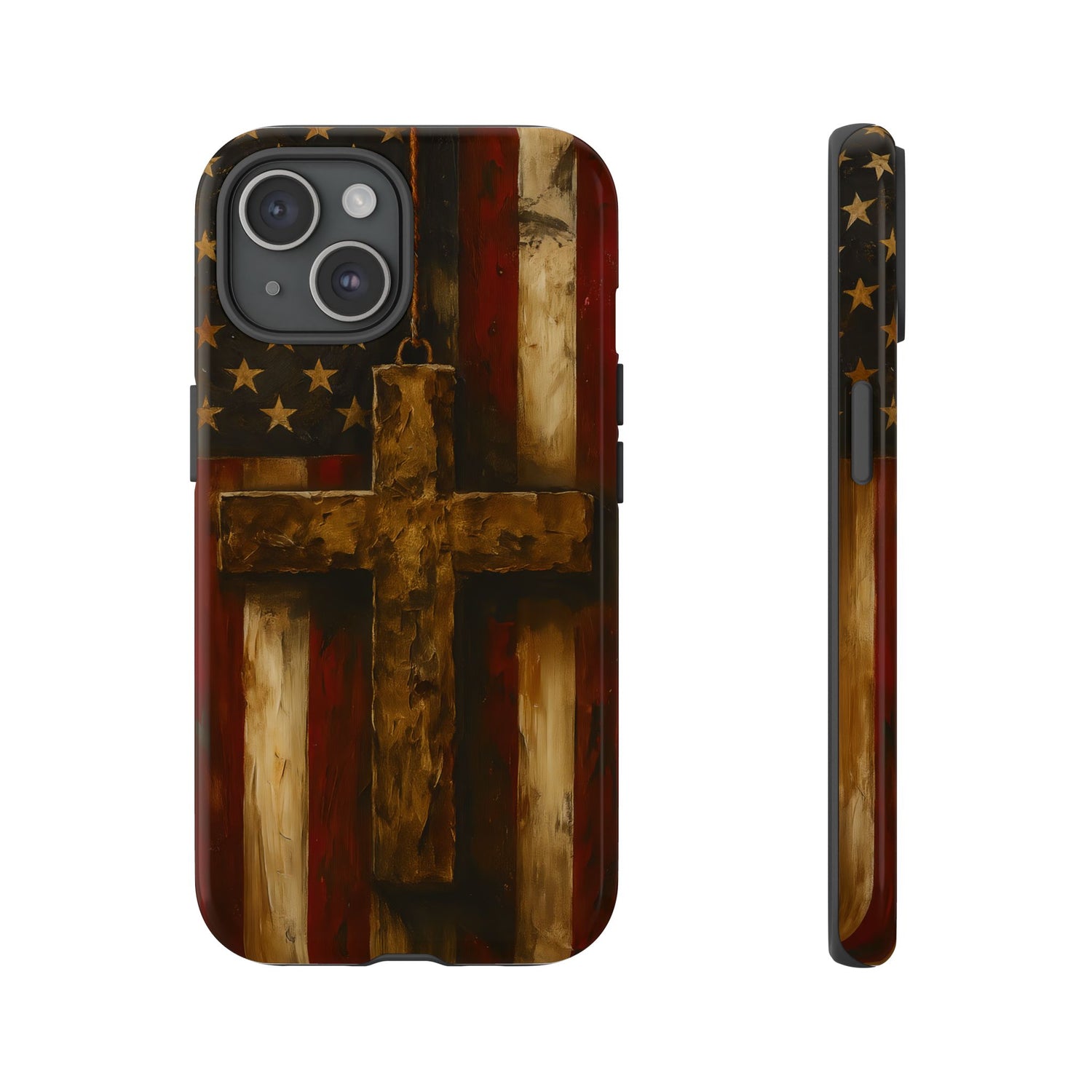 Forged in Faith Phone Case - Rustic Gold Cross &amp; American Flag | Patriotic Christian Case for iPhone, Samsung &amp; Pixel iPhone 15 Glossy
