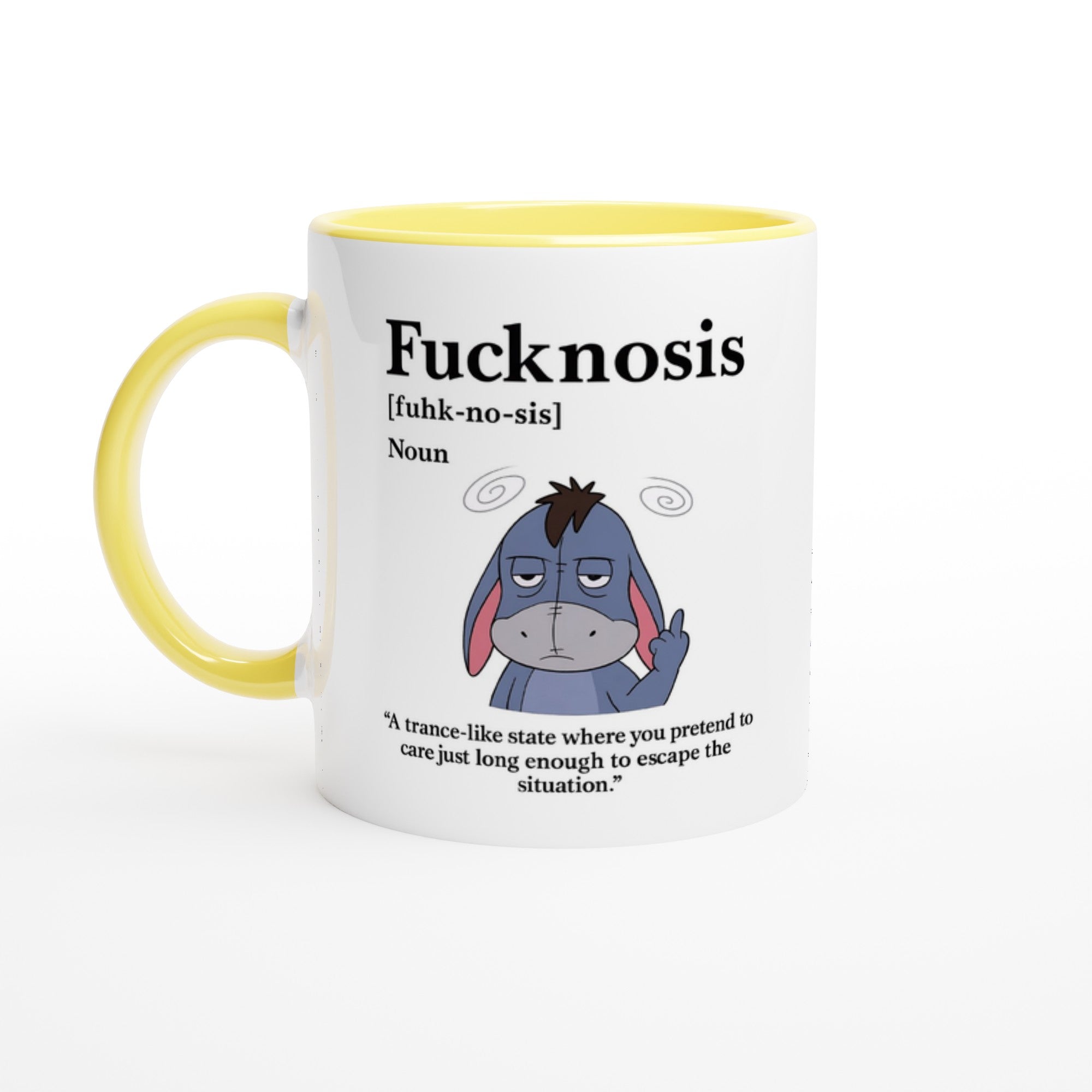 Funny F*cknosis Mug – Sarcastic Definition Coffee Cup with Dog, Cat, Bear, or Horse Design – 11oz Ceramic Humor Gift Ceramic Yellow Donkey