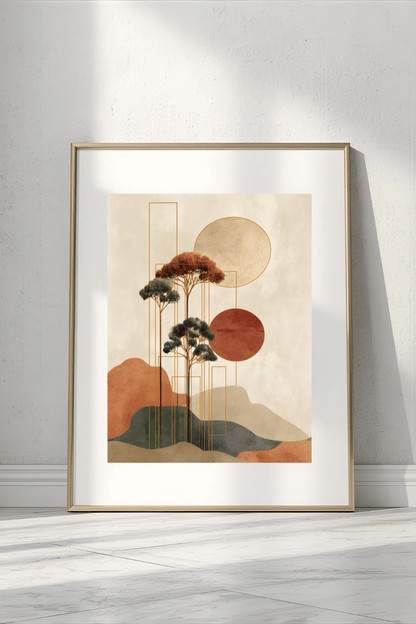 Minimalist Japanese Wall Art - Tranquil Abstract Landscape with Gold Accents