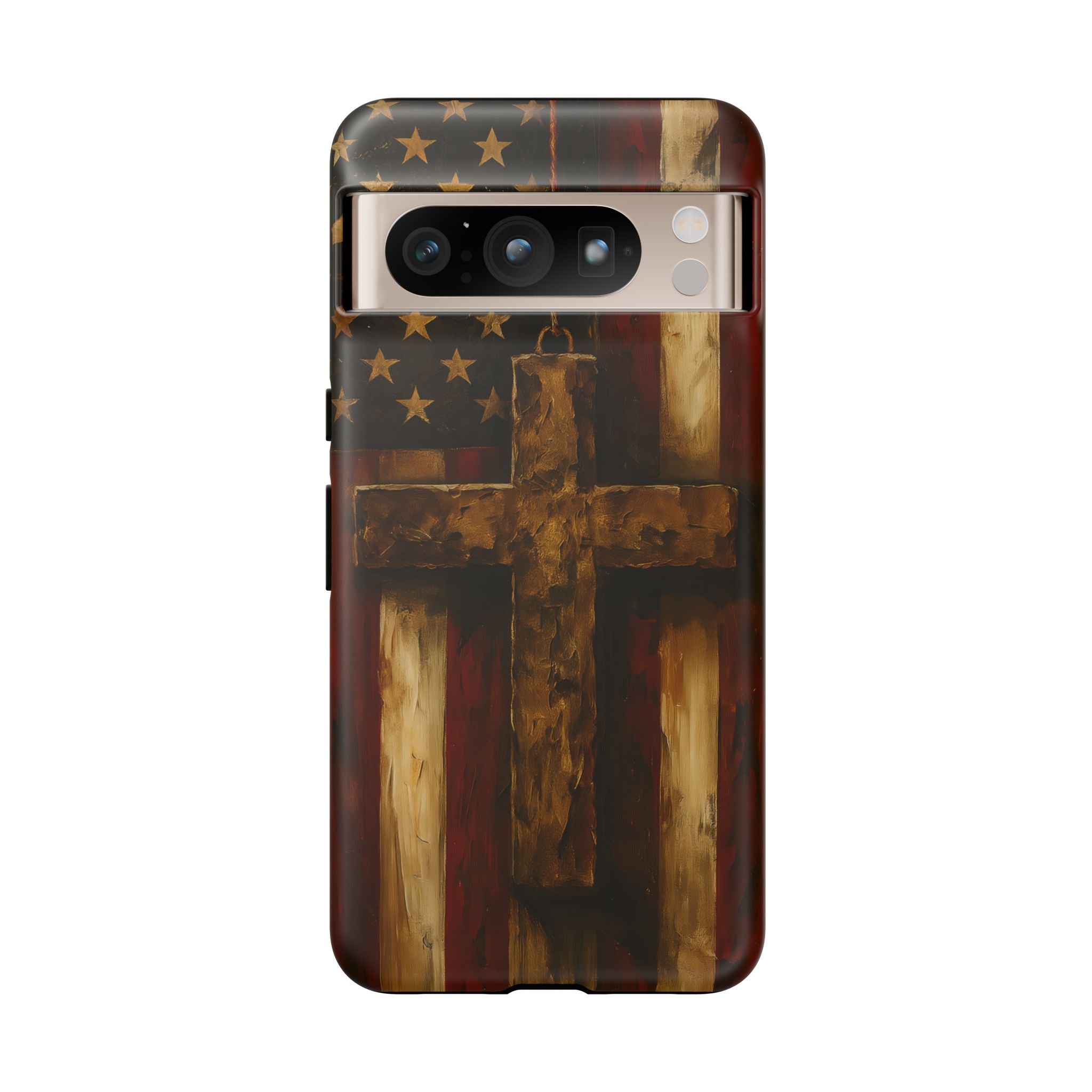 Forged in Faith Phone Case - Rustic Gold Cross &amp; American Flag | Patriotic Christian Case for iPhone, Samsung &amp; Pixel Google Pixel 8 Pro Matte