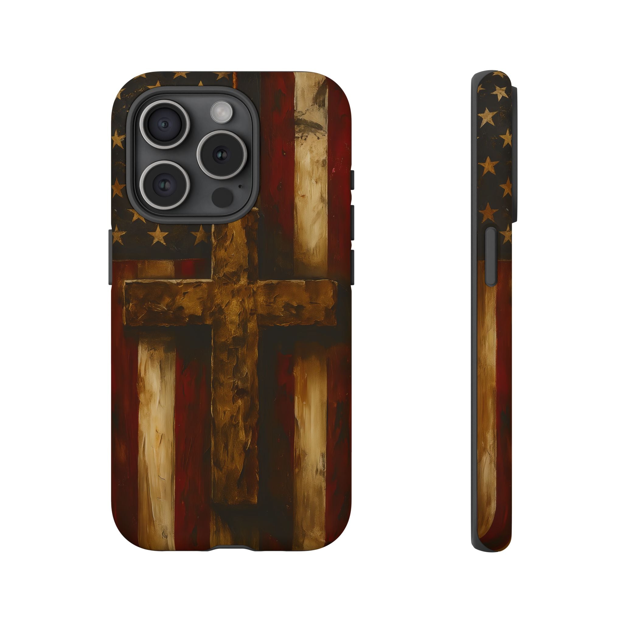 Forged in Faith Phone Case - Rustic Gold Cross &amp; American Flag | Patriotic Christian Case for iPhone, Samsung &amp; Pixel iPhone 15 Pro Matte