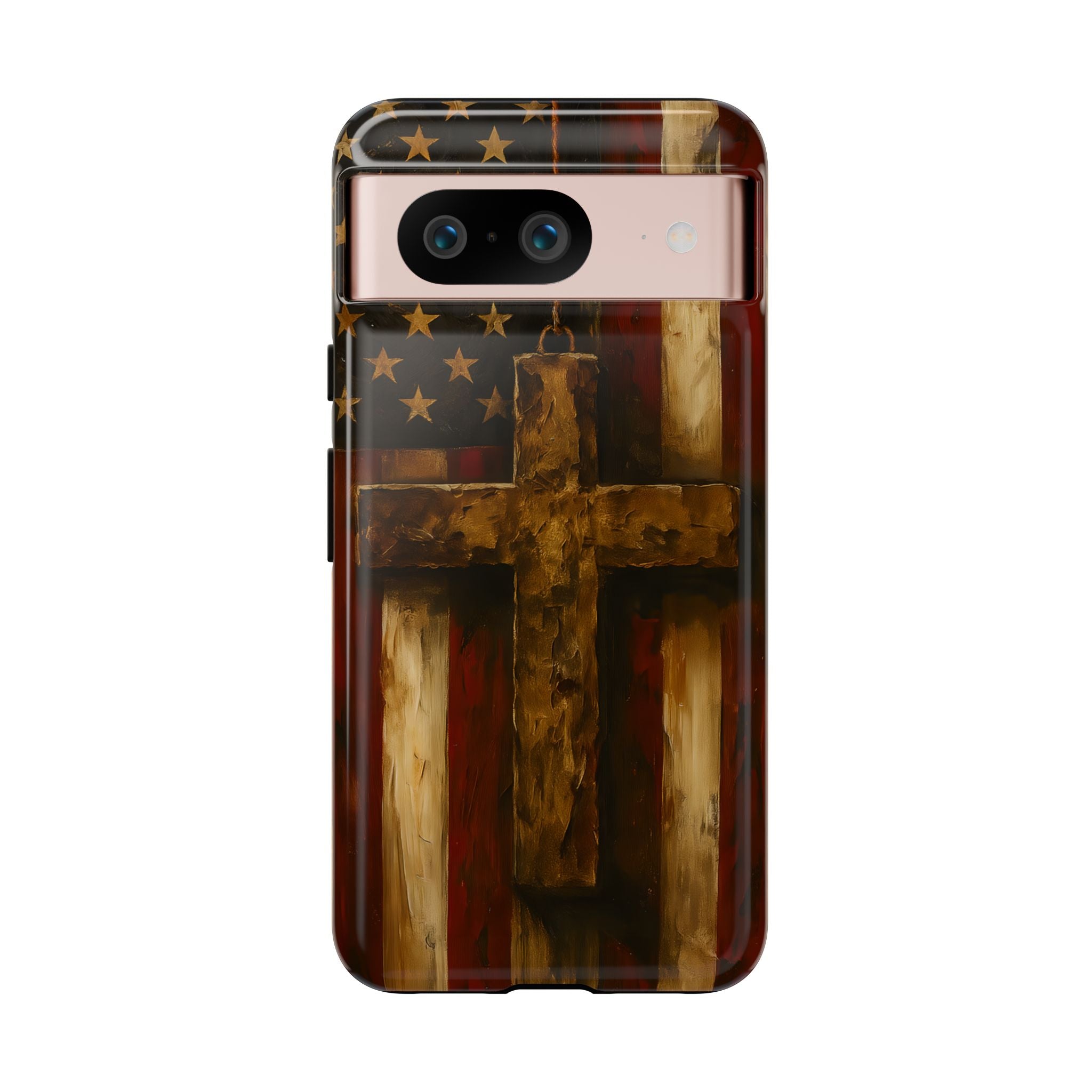 Forged in Faith Phone Case - Rustic Gold Cross &amp; American Flag | Patriotic Christian Case for iPhone, Samsung &amp; Pixel Google Pixel 8 Glossy