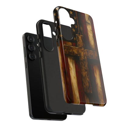 Forged in Faith Phone Case - Rustic Gold Cross &amp; American Flag | Patriotic Christian Case for iPhone, Samsung &amp; Pixel