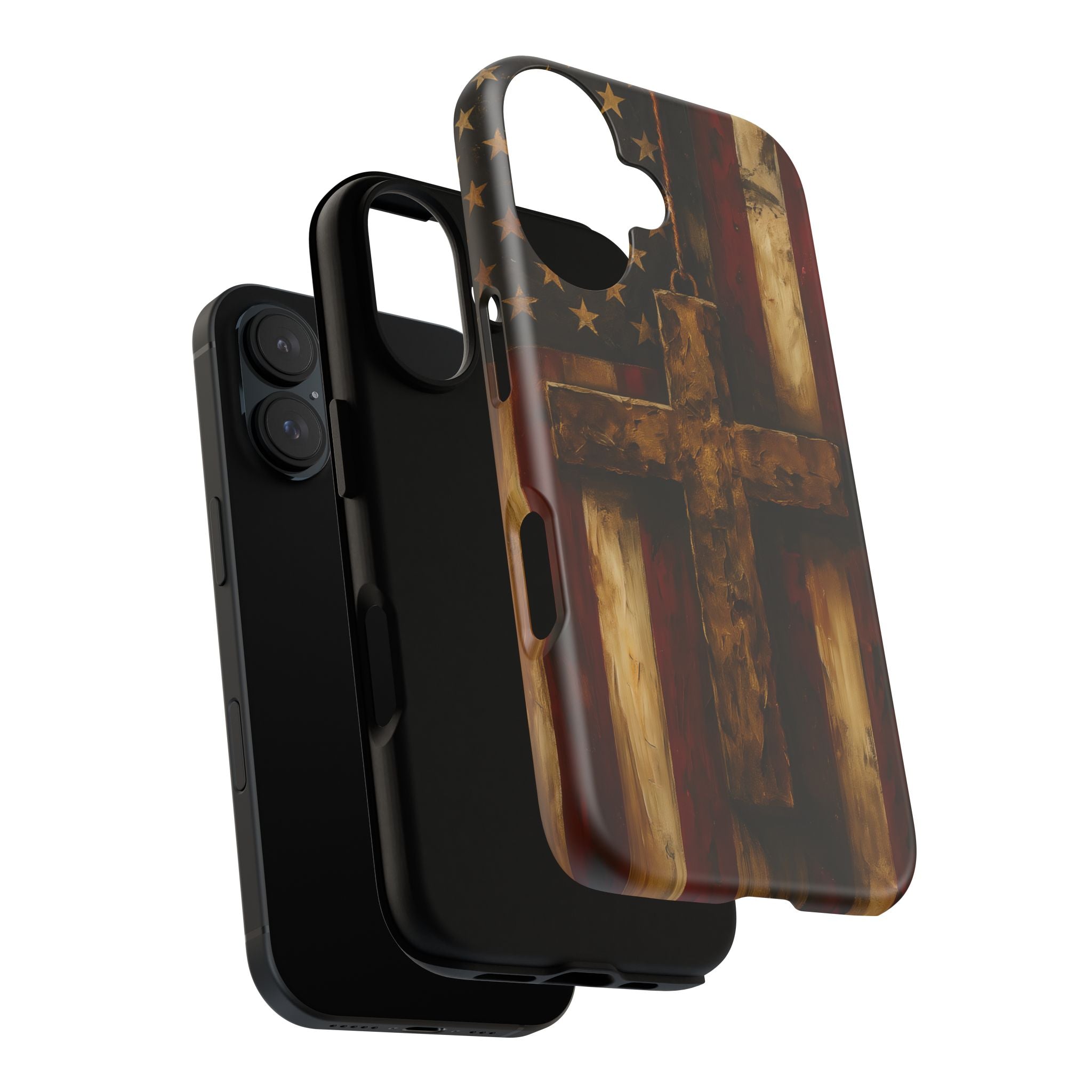 Forged in Faith Phone Case - Rustic Gold Cross &amp; American Flag | Patriotic Christian Case for iPhone, Samsung &amp; Pixel