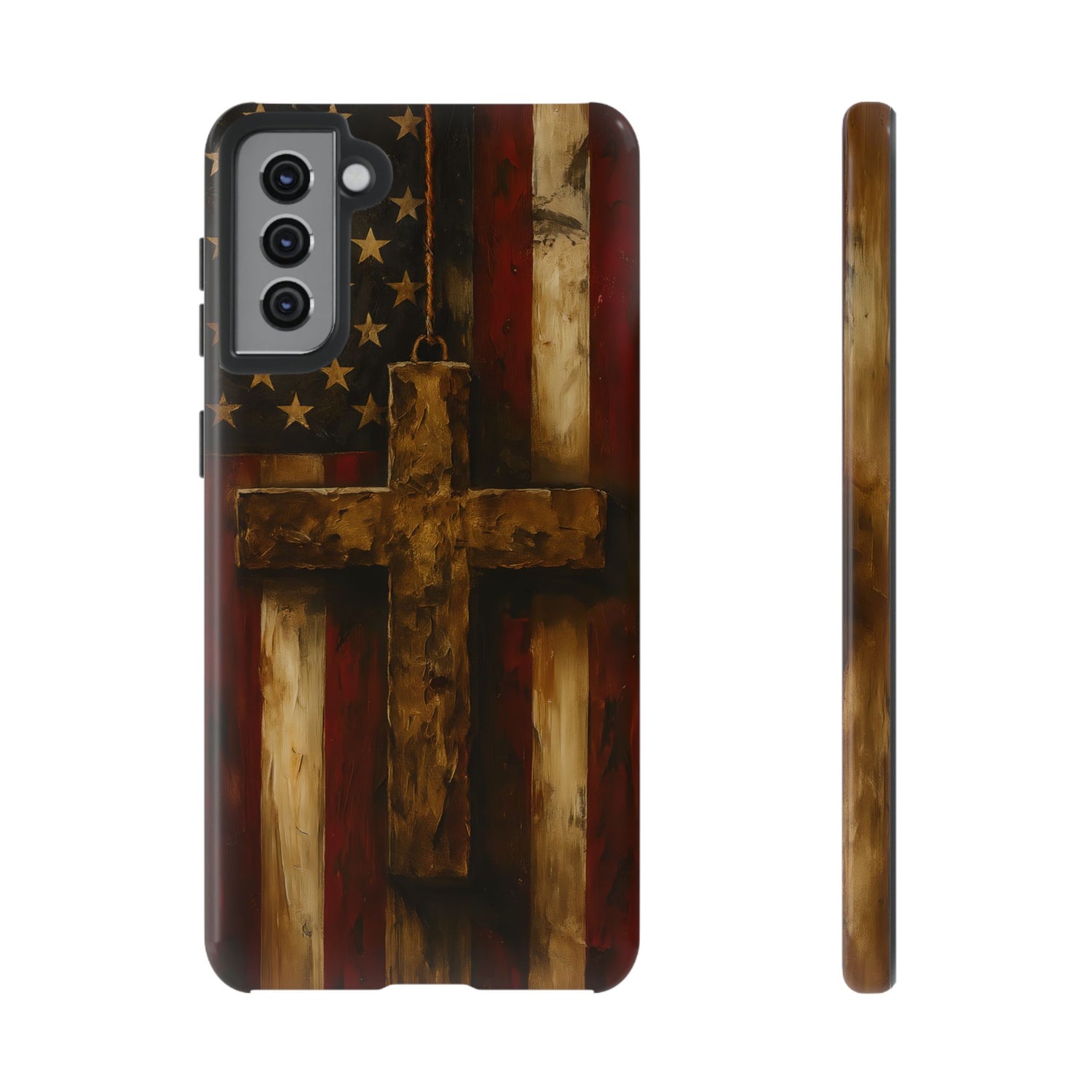 Forged in Faith Phone Case - Rustic Gold Cross &amp; American Flag | Patriotic Christian Case for iPhone, Samsung &amp; Pixel Samsung Galaxy S21 Plus Glossy