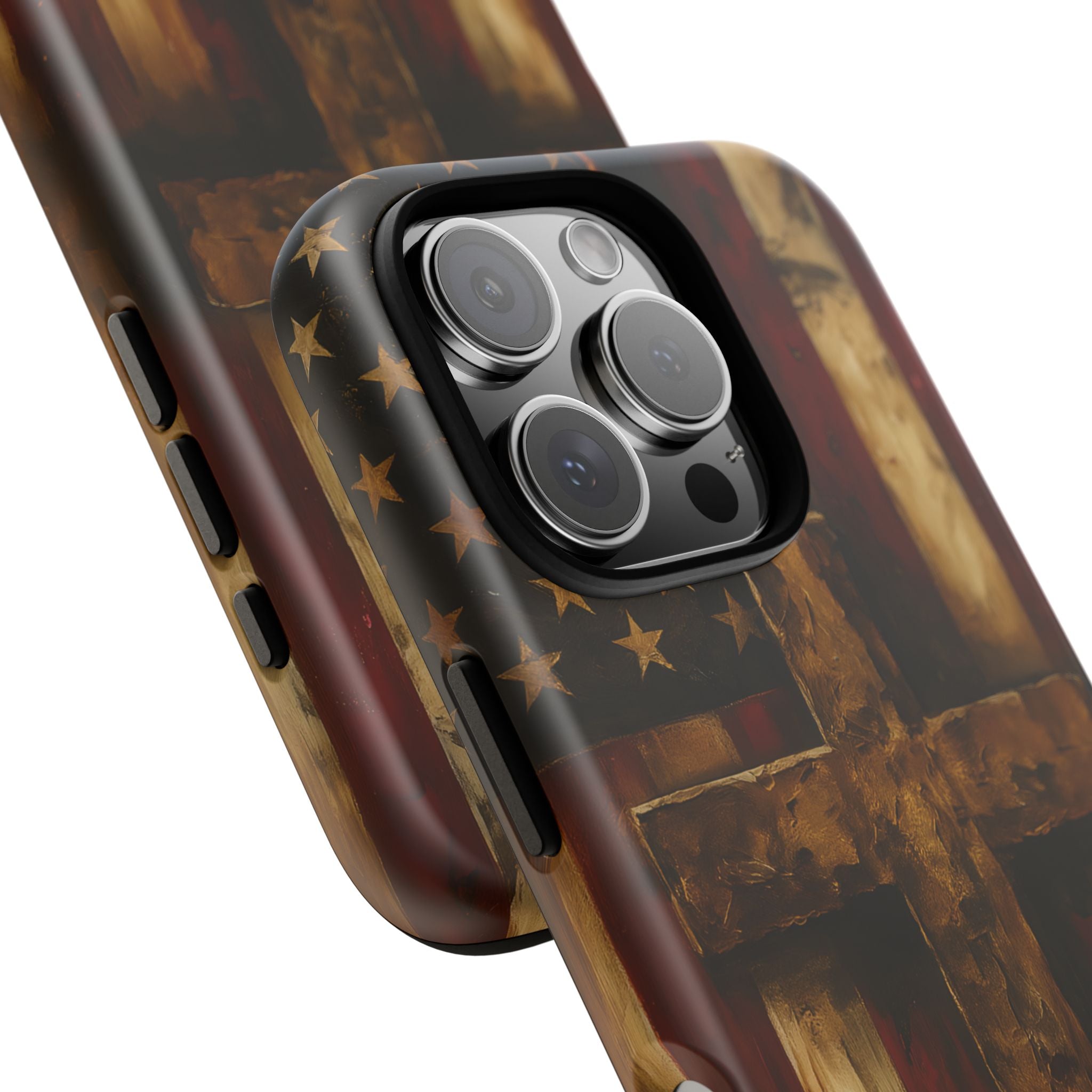 Forged in Faith Phone Case - Rustic Gold Cross &amp; American Flag | Patriotic Christian Case for iPhone, Samsung &amp; Pixel