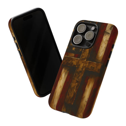 Forged in Faith Phone Case - Rustic Gold Cross &amp; American Flag | Patriotic Christian Case for iPhone, Samsung &amp; Pixel