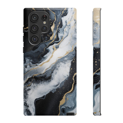 Celestial Marble Phone Case - Black &amp; Gold Swirl Design Samsung Galaxy S22 Ultra Glossy