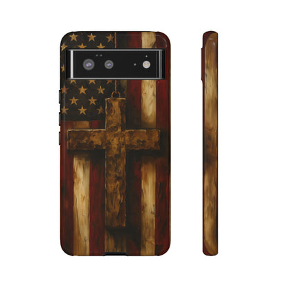 Forged in Faith Phone Case - Rustic Gold Cross &amp; American Flag | Patriotic Christian Case for iPhone, Samsung &amp; Pixel Google Pixel 6 Glossy