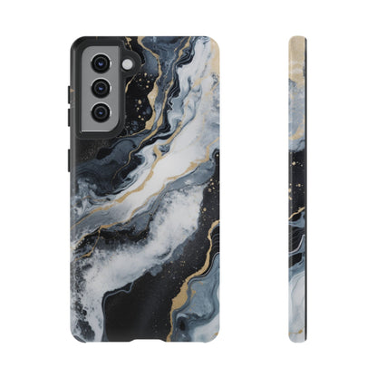 Celestial Marble Phone Case - Black &amp; Gold Swirl Design Samsung Galaxy S21 Glossy