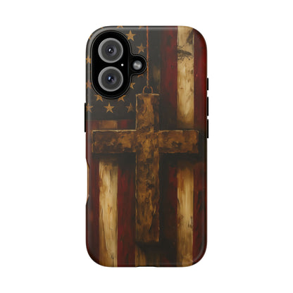 Forged in Faith Phone Case - Rustic Gold Cross &amp; American Flag | Patriotic Christian Case for iPhone, Samsung &amp; Pixel iPhone 16 Matte
