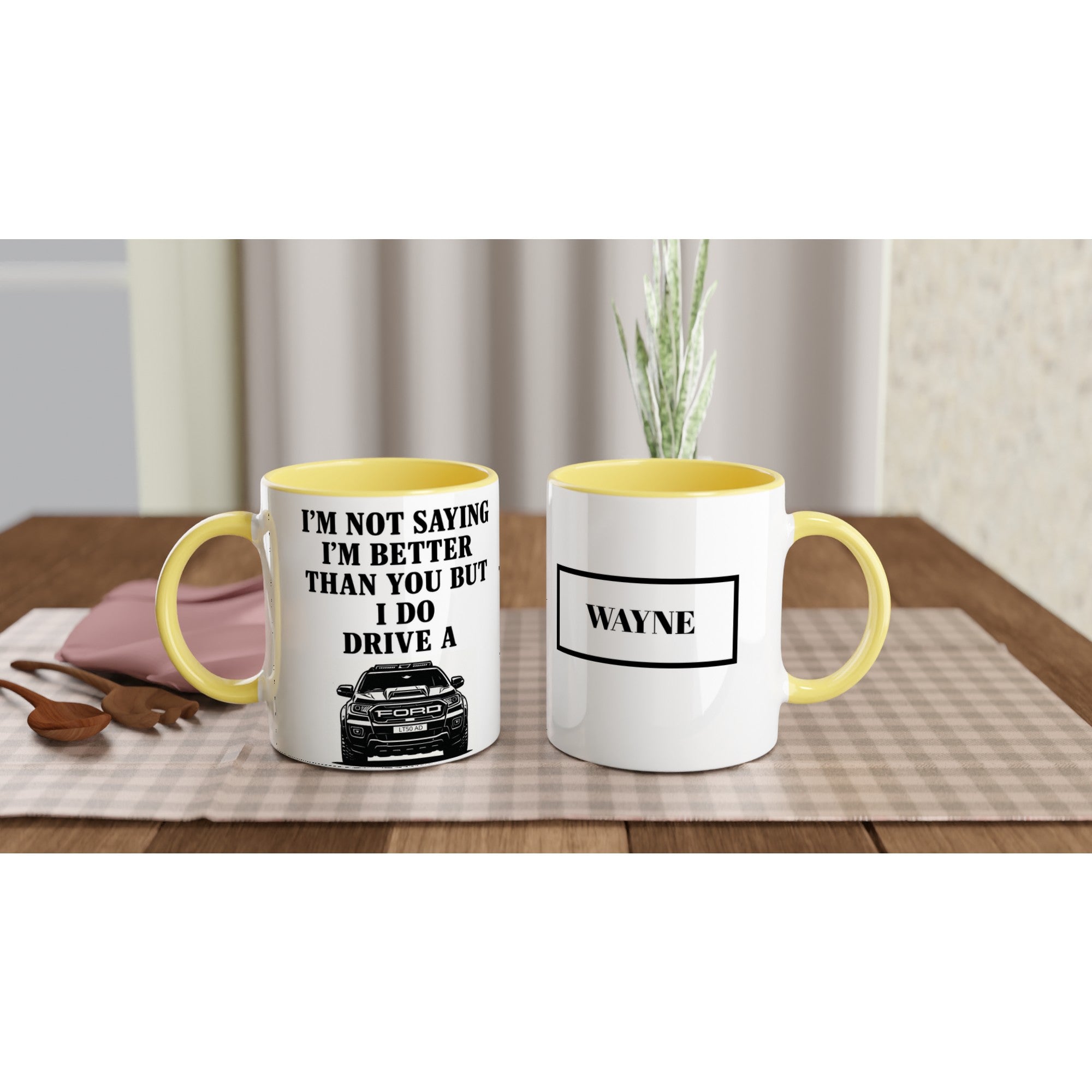 Personalized Ford Ranger Wildtrak Mug - Modified Car Lover Dad Gift 11oz - Add Your Own Name and Number Plate Ceramic Yellow
