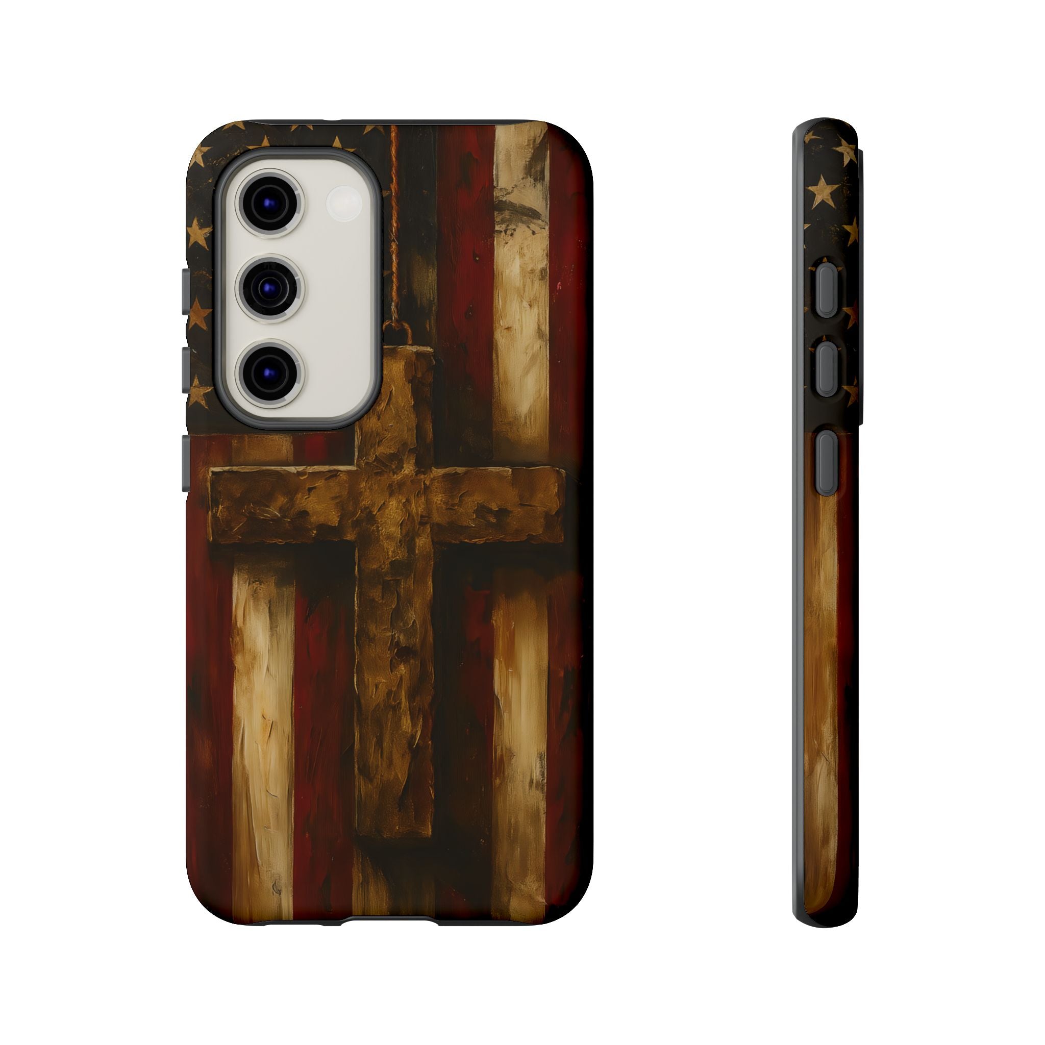 Forged in Faith Phone Case - Rustic Gold Cross &amp; American Flag | Patriotic Christian Case for iPhone, Samsung &amp; Pixel Samsung Galaxy S23 Matte