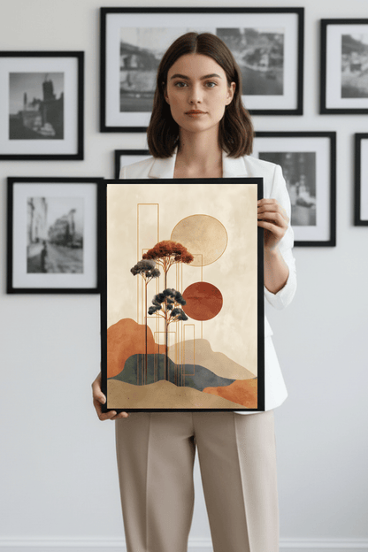 Minimalist Japanese Wall Art - Tranquil Abstract Landscape with Gold Accents