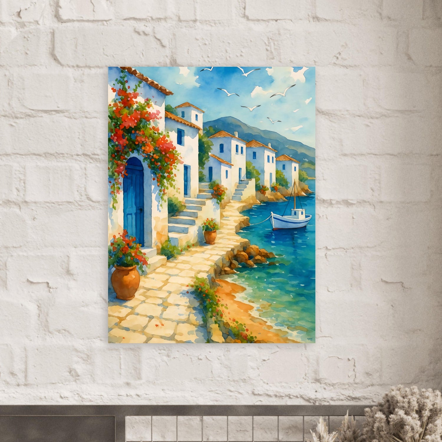 Greek Coastline Watercolor Poster | Mediterranean Seaside Art Print | Unframed Coastal Decor 75x100 cm 30x40″