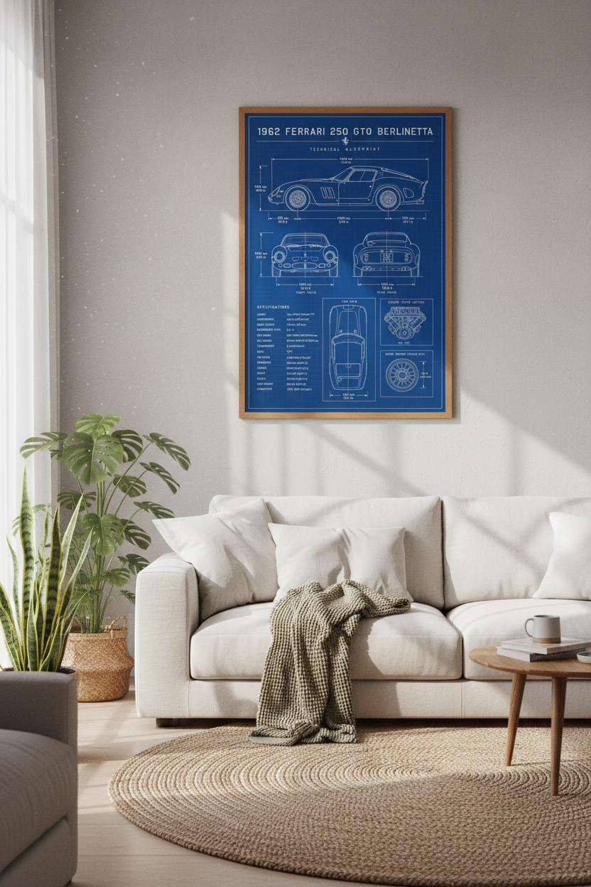 Ferrari 250 GTO Blueprint Wall Art | Garage Decor | Classic Car Poster