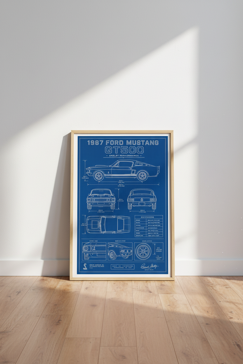 1967 Ford Mustang GT500 Blueprint Art | Shelby Muscle Car Poster | Garage Decor