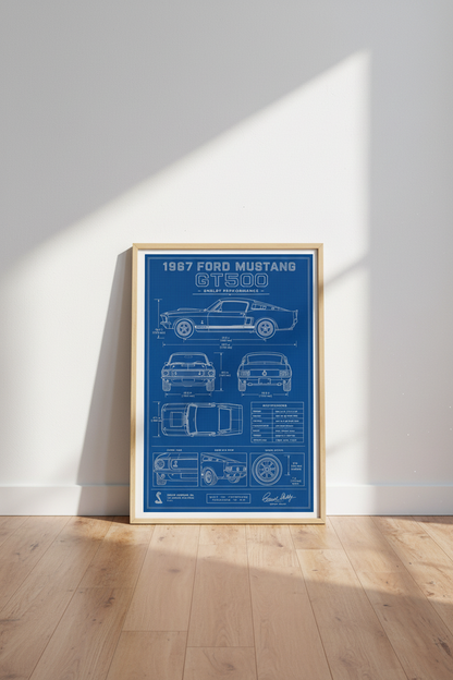 1967 Ford Mustang GT500 Blueprint Art | Shelby Muscle Car Poster | Garage Decor