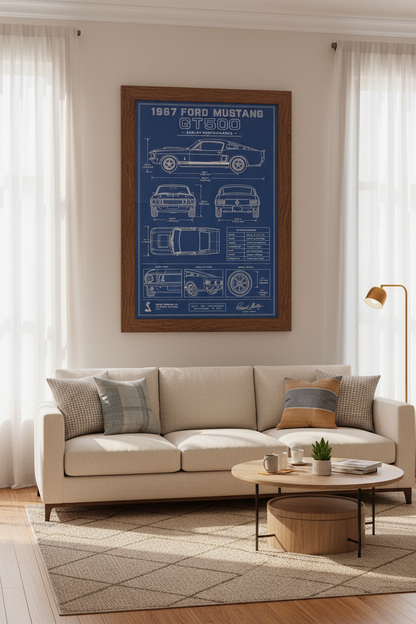 1967 Ford Mustang GT500 Blueprint Art | Shelby Muscle Car Poster | Garage Decor