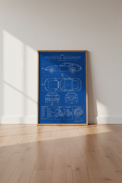 Toyota 2000GT Blueprint Wall Art | Classic JDM Car Poster | Garage Office Decor
