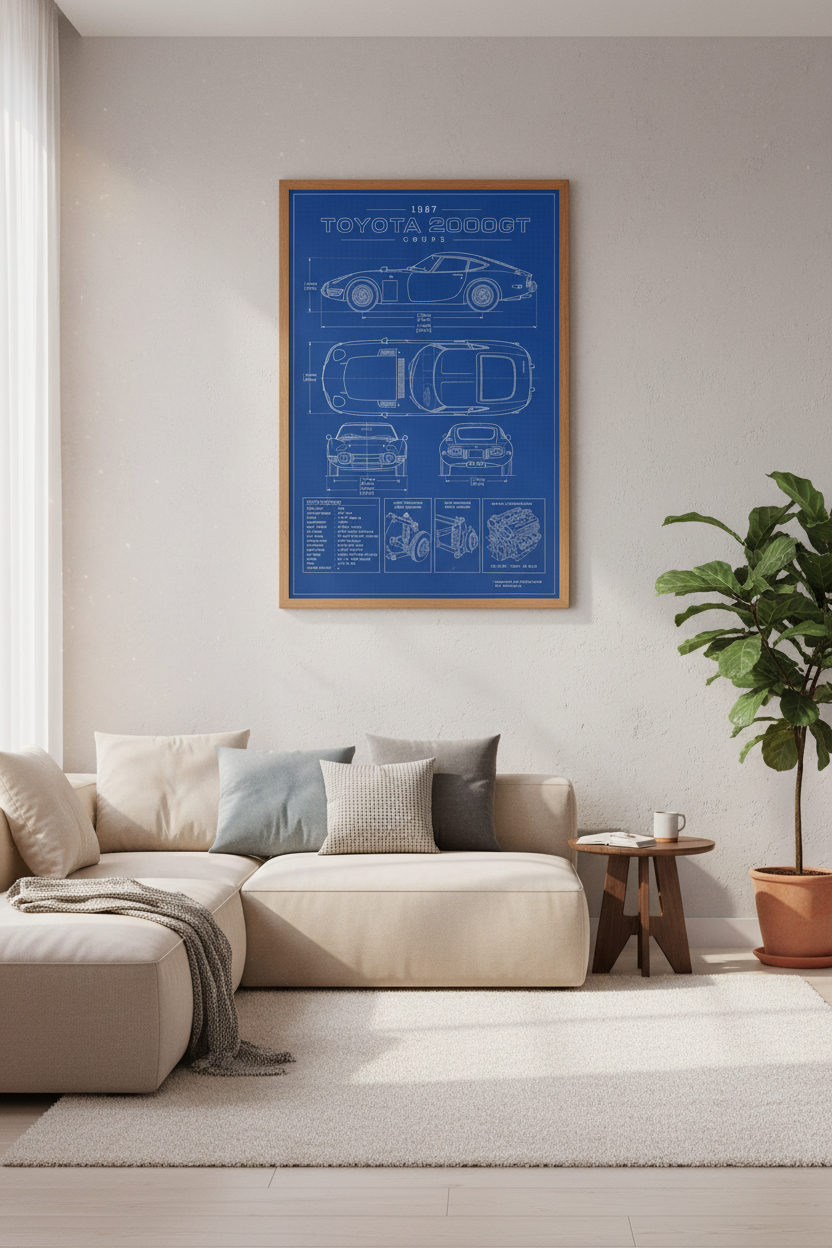 Toyota 2000GT Blueprint Wall Art | Classic JDM Car Poster | Garage Office Decor