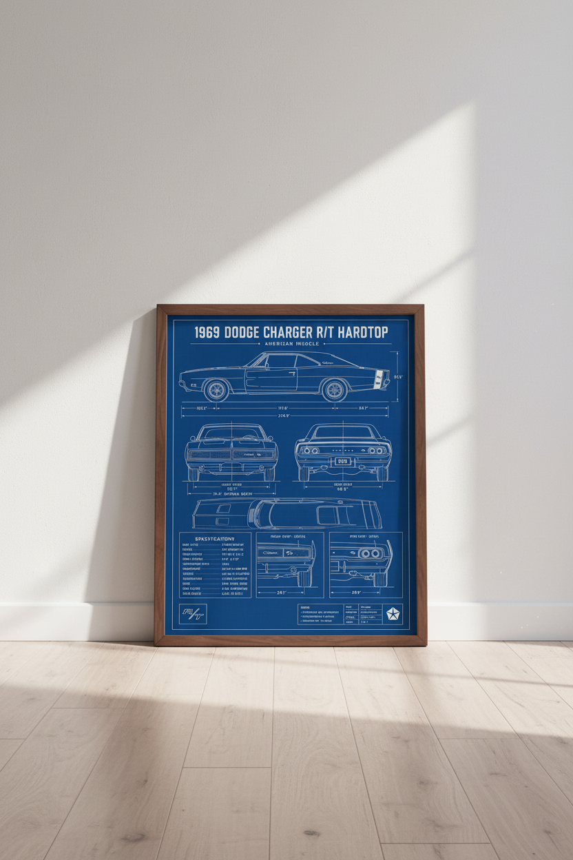 1969 Dodge Charger Blueprint Wall Art | Muscle Car Poster | Man Cave Decor
