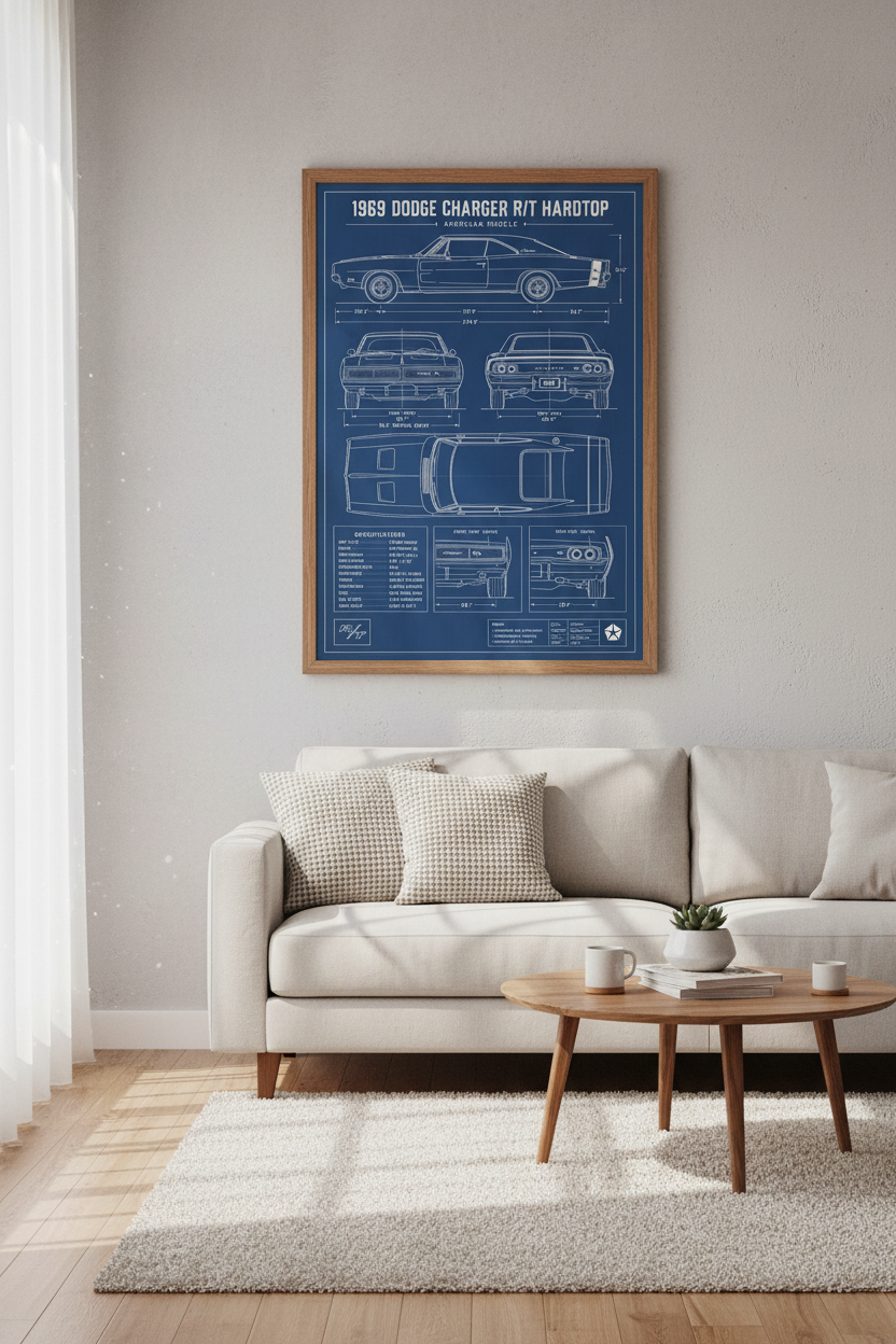 1969 Dodge Charger Blueprint Wall Art | Muscle Car Poster | Man Cave Decor