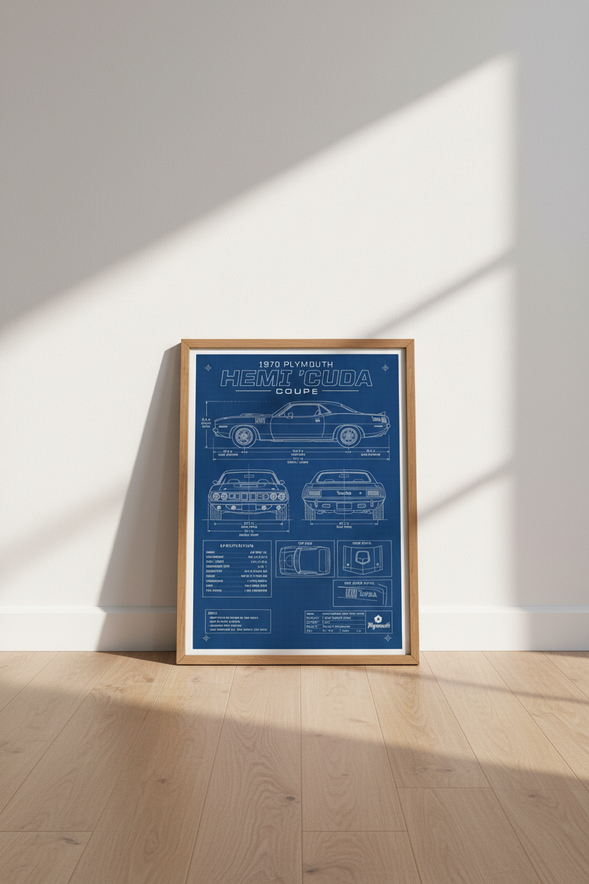 1970 Plymouth Hemi Cuda Blueprint Art | Muscle Car Poster, Man Cave Decor