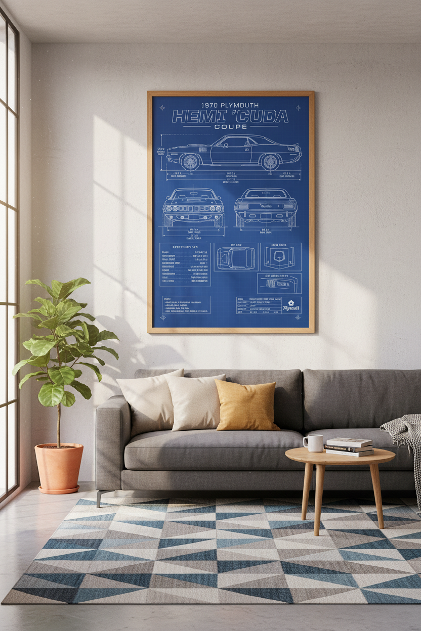 1970 Plymouth Hemi Cuda Blueprint Art | Muscle Car Poster, Man Cave Decor