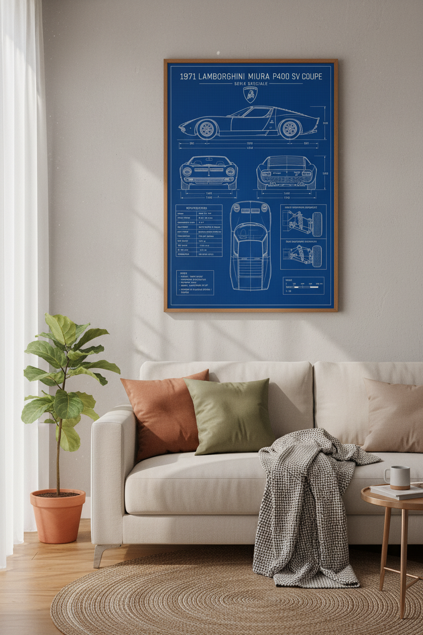 Lamborghini Miura Blueprint Wall Art | Blue Technical Poster, Garage Decor