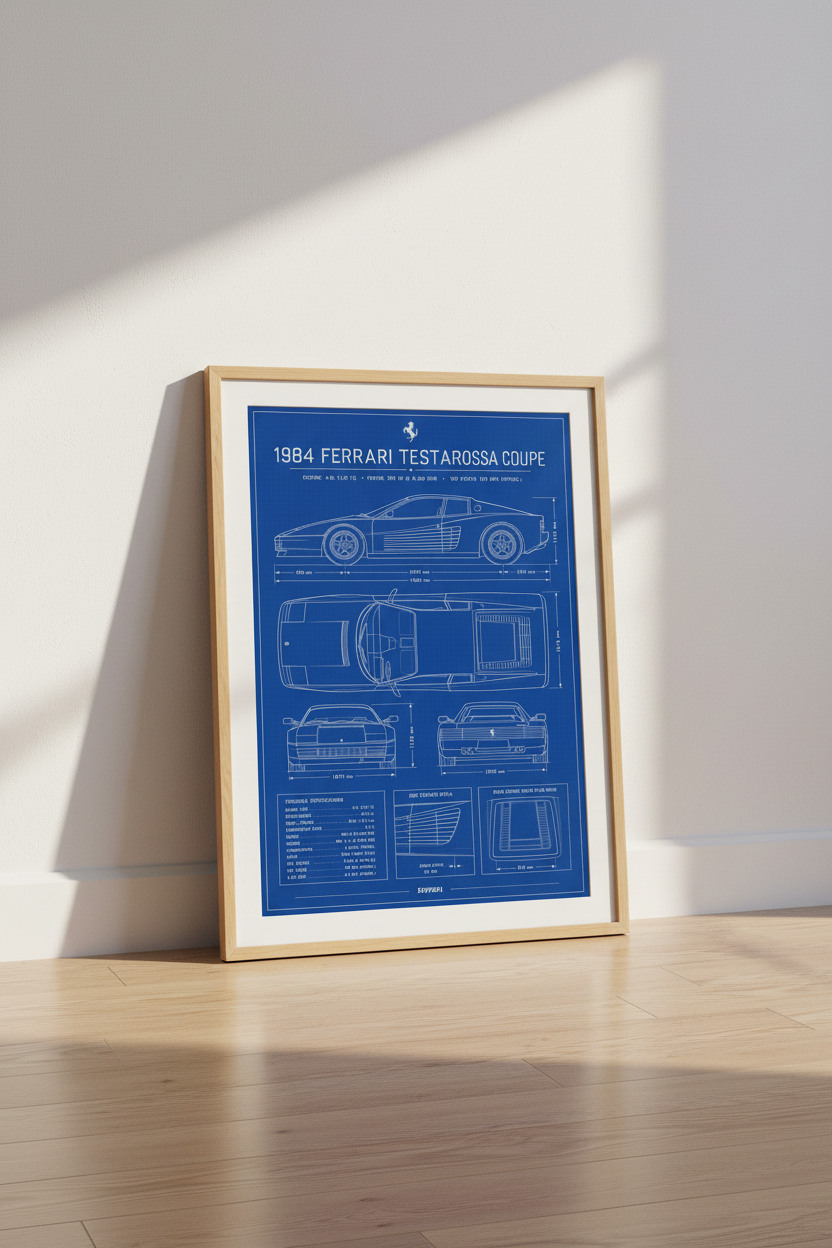 Ferrari Testarossa Blueprint Wall Art | Retro Garage Decor | Automotive Poster