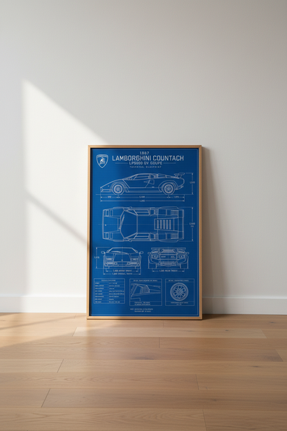 Lamborghini Countach Blueprint Wall Art | Blue Supercar Poster, Office Decor