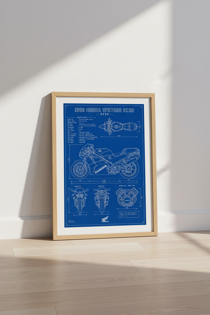 Honda VFR750R RC30 Blueprint Art | Garage Decor | Motorcycle Poster