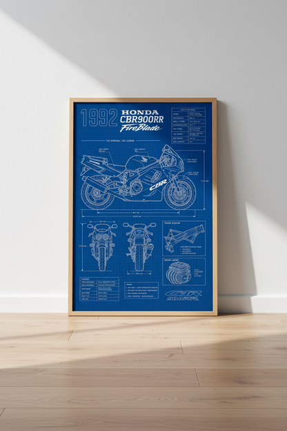1992 Honda CBR900RR FireBlade Blueprint Art | Garage Decor | Motorcycle Poster
