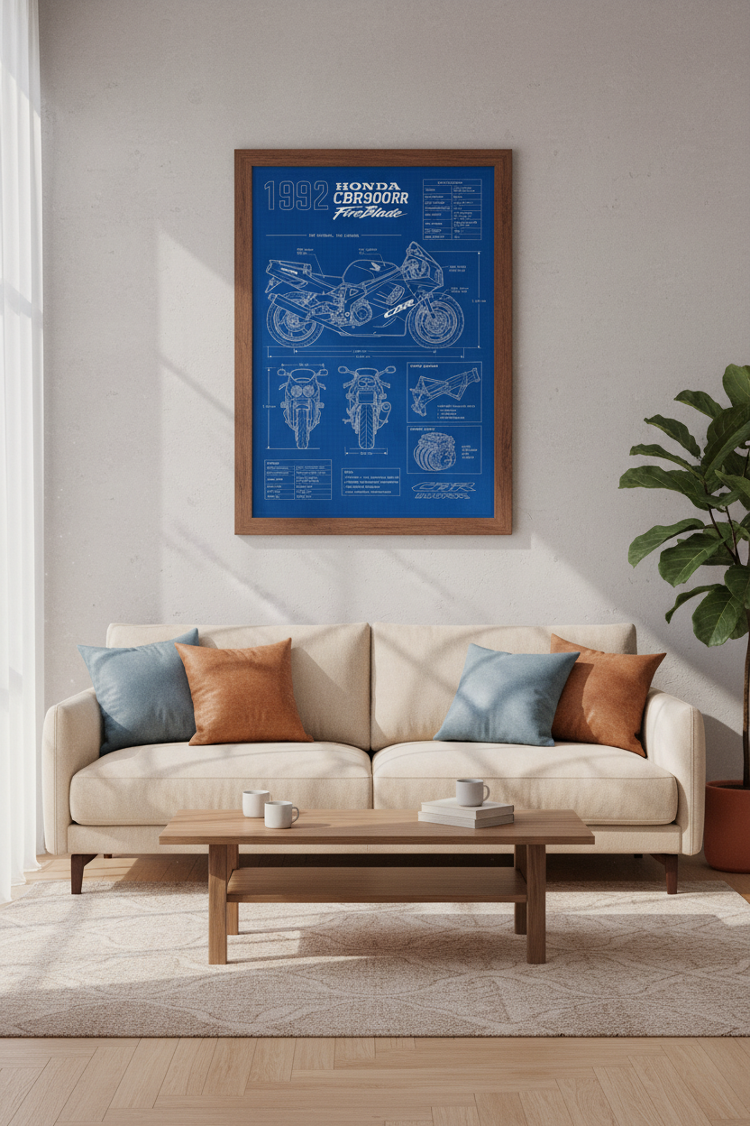 1992 Honda CBR900RR FireBlade Blueprint Art | Garage Decor | Motorcycle Poster