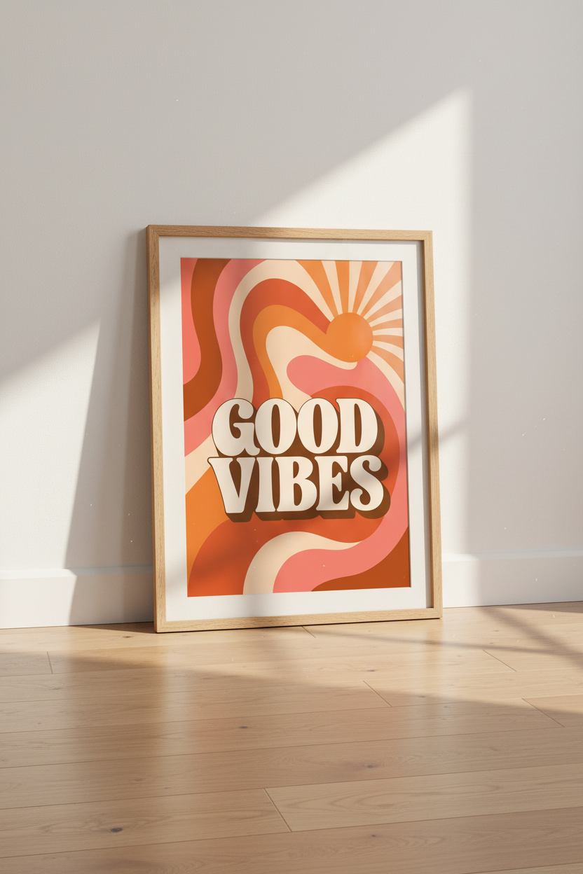 Good Vibes Retro Wall Art | Groovy 70s Sunset Poster, Boho Living Room Decor