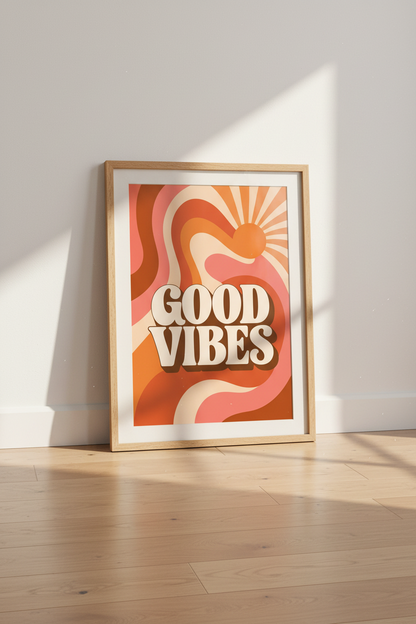 Good Vibes Retro Wall Art | Groovy 70s Sunset Poster, Boho Living Room Decor